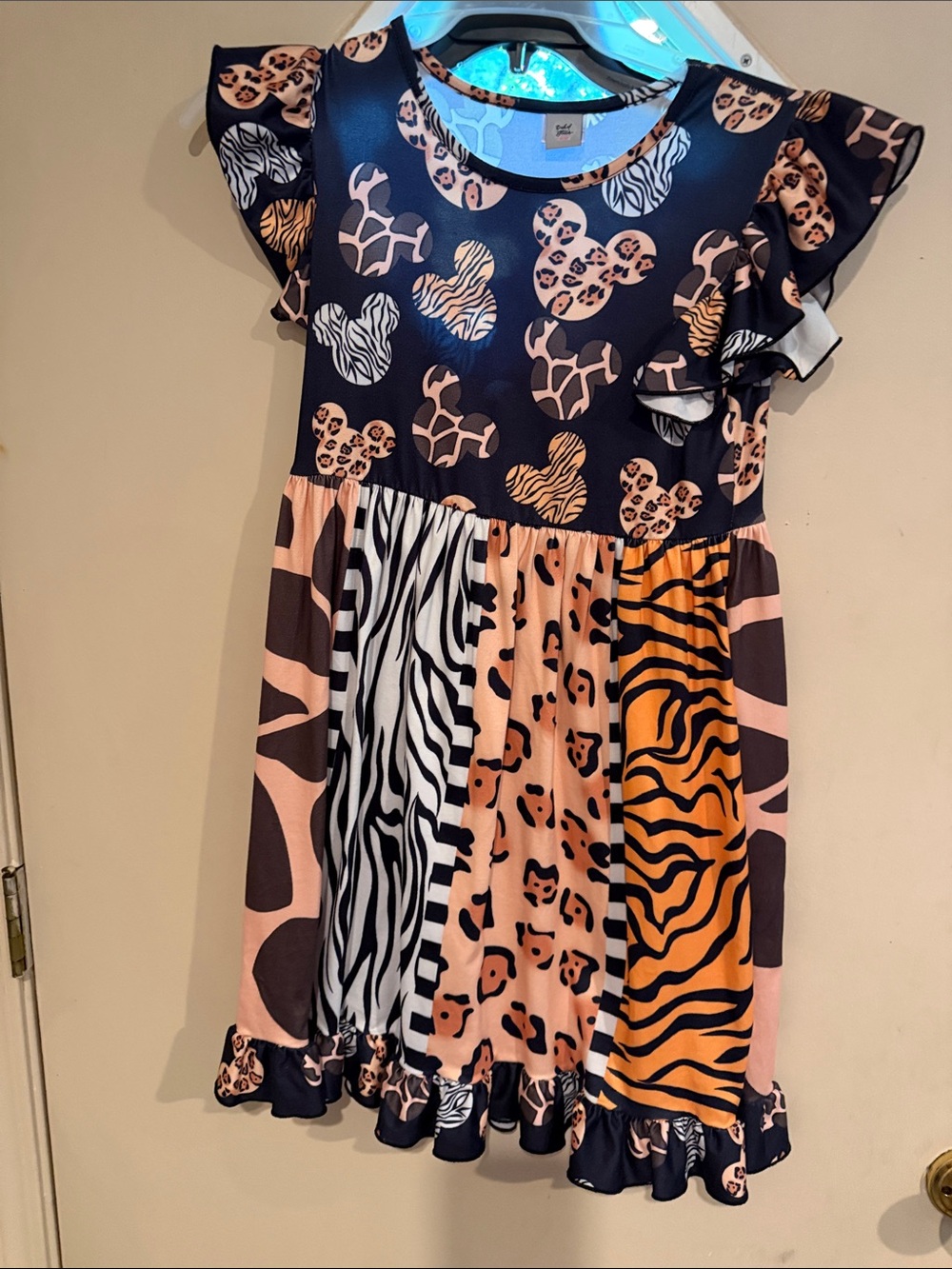 Girls Disney Animal Print Ruffle Sleeve Dress - Pink & Black